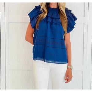 Willa Story Elizabeth Eyelet Ruffle Top Cottage Coastal Grandma Boho Blue Medium